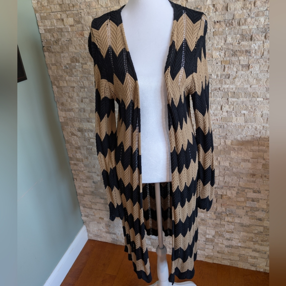 Western Whimsygoth Chevron Open Front Duster Cardigan Neutral Boho XS Cotton